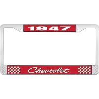 1947 CHEVROLET RED AND CHROME LICENSE PLATE FRAME WITH WHITE