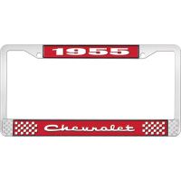 1955 CHEVROLET RED AND CHROME LICENSE PLATE FRAME WITH WHITE