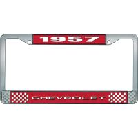 1957 CHEVROLET RED AND CHROME LICENSE PLATE FRAME WITH WHITE