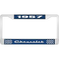 1957 CHEVROLET BLUE AND CHROME LICENSE PLATE FRAME WITH WHIT