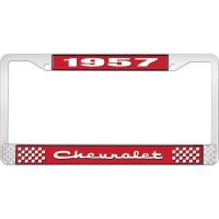 1957 CHEVROLET RED AND CHROME LICENSE PLATE FRAME WITH WHITE