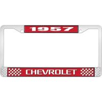 1957 CHEVROLET RED AND CHROME LICENSE PLATE FRAME WITH WHITE