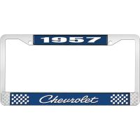 1957 CHEVROLET BLUE AND CHROME LICENSE PLATE FRAME WITH WHIT