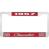 1957 CHEVROLET RED AND CHROME LICENSE PLATE FRAME WITH WHITE