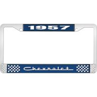1957 CHEVROLET BLUE AND CHROME LICENSE PLATE FRAME WITH WHIT
