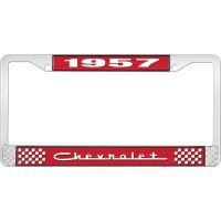 1957 CHEVROLET RED AND CHROME LICENSE PLATE FRAME WITH WHITE