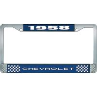 1958 CHEVROLET BLUE AND CHROME LICENSE PLATE FRAME WITH WHIT