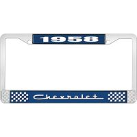 1958 CHEVROLET BLUE AND CHROME LICENSE PLATE FRAME WITH WHIT