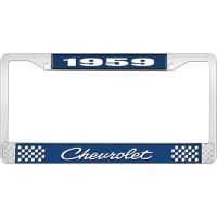 1959 CHEVROLET BLUE AND CHROME LICENSE PLATE FRAME WITH WHIT