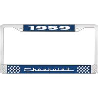1959 CHEVROLET BLUE AND CHROME LICENSE PLATE FRAME WITH WHIT