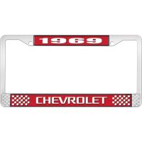 1969 CHEVROLET RED AND CHROME LICENSE PLATE FRAME WITH WHITE