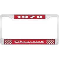 1970 CHEVROLET RED  AND CHROME LICENSE PLATE FRAME WITH WHIT