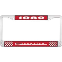 1980 CHEVROLET RED  AND CHROME LICENSE PLATE FRAME  WITH WHI