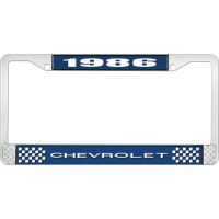1986 CHEVROLET BLUE AND CHROME LICENSE PLATE FRAME WITH WHIT
