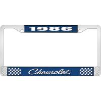 1986 CHEVROLET BLUE AND CHROME LICENSE PLATE FRAME WITH WHIT