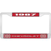 1987 CHEVROLET RED  AND CHROME LICENSE PLATE FRAME  WITH WHI
