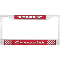 1987 CHEVROLET RED  AND CHROME LICENSE PLATE FRAME  WITH WHI