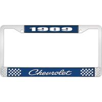1989 CHEVROLET BLUE AND CHROME LICENSE PLATE FRAME WITH WHIT