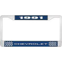 1991 CHEVROLET BLUE AND CHROME LICENSE PLATE FRAME WITH WHIT