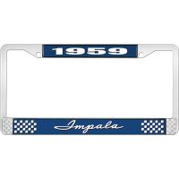 1959 IMPALA  BLUE AND CHROME LICENSE PLATE FRAME WITH WHITE