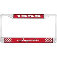 1959 IMPALA RED AND CHROME LICENSE PLATE FRAME WITH WHITE LE