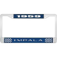 1959 IMPALA  BLUE AND CHROME LICENSE PLATE FRAME WITH WHITE