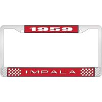 1959 IMPALA RED AND CHROME LICENSE PLATE FRAME WITH WHITE LE