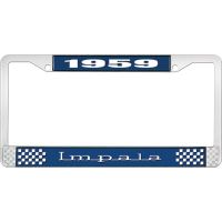 1959 IMPALA  BLUE AND CHROME LICENSE PLATE FRAME WITH WHITE