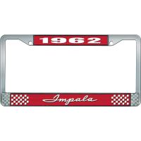 1962 IMPALA RED AND CHROME LICENSE PLATE FRAME WITH WHITE LE