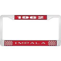 1962 IMPALA RED AND CHROME LICENSE PLATE FRAME WITH WHITE LE
