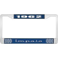1962 IMPALA  BLUE AND CHROME LICENSE PLATE FRAME WITH WHITE