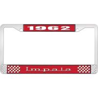 1962 IMPALA RED AND CHROME LICENSE PLATE FRAME WITH WHITE LE