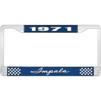 1971 IMPALA  BLUE AND CHROME LICENSE PLATE FRAME WITH WHITE