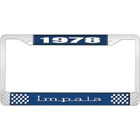 1978 IMPALA  BLUE AND CHROME LICENSE PLATE FRAME WITH WHITE