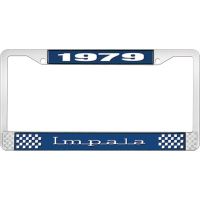 1979 IMPALA  BLUE AND CHROME LICENSE PLATE FRAME WITH WHITE