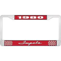 1980 IMPALA RED AND CHROME LICENSE PLATE FRAME WITH WHITE LE