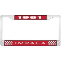 1981 IMPALA RED AND CHROME LICENSE PLATE FRAME WITH WHITE LE