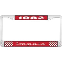 1982 IMPALA RED AND CHROME LICENSE PLATE FRAME WITH WHITE LE