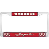 1983 IMPALA RED AND CHROME LICENSE PLATE FRAME WITH WHITE LE