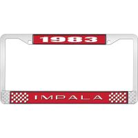 1983 IMPALA RED AND CHROME LICENSE PLATE FRAME WITH WHITE LE