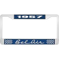 1957 BEL AIR BLUE AND CHROME LICENSE PLATE FRAME WITH WHITE
