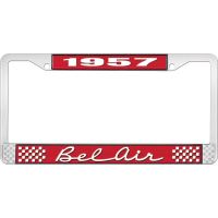 1957 BEL AIR RED AND CHROME LICENSE PLATE FRAME WITH WHITE L
